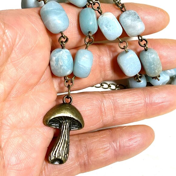 Natural Light Teal Amazonite Necklace, Bronze Slim Mushroom + Genuine Gemstone - Picture 12 of 12